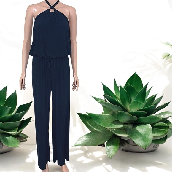 Black with Silver Ring Tie Neck Sleeveless Halter Wide Leg Jumpsuit - Picture 12 of 16